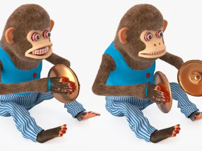  Mechanical Cymbal Monkey Toy in Blue Vest Fur Rigged 