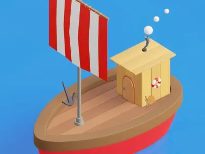 Boat 3D Model wooden with flag Free 3D model