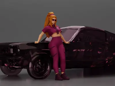 woman in sportswear and sunglasses leaning on the car stylishly 3D print model