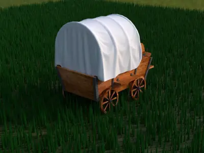 carriage wooden covered wagon in grass Low-poly 3D model