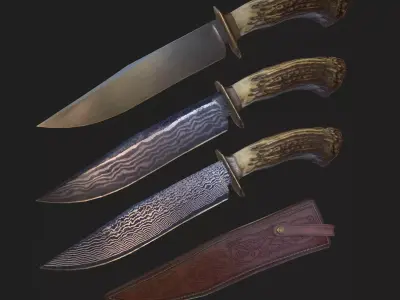 Survival Bowie Knife - Stag Crown Antler Handle Damascus Options Low-poly 3D model