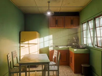 Kitchen with yellow refrigerator and green wall Low-poly 3D model