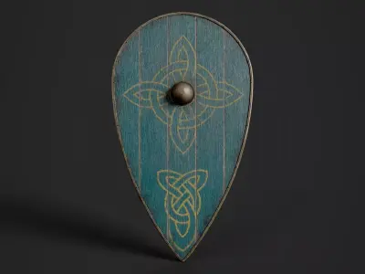 Slavic kite wooden shield-painted turquoise with celtic symbol Low-poly 3D model