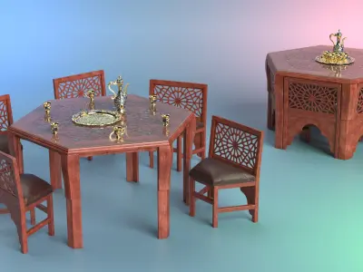  Arabian Tea Set with Kettle and Cups on Table 