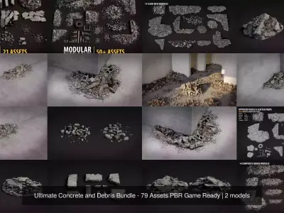Concrete and Rubble Debris Bundle - 79 Assets PBR Game Ready 3D Model Pack