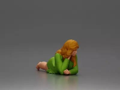 Girl with long hair in green dress lying with calm on the beach 3D print model