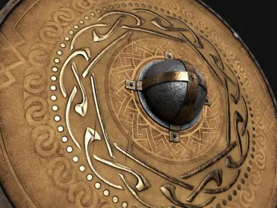 Slavic round leather shield-golden nordic symbol Low-poly 3D model