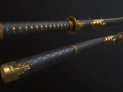 Golden Katana Sword PBR Game-Ready Low-poly 3D model