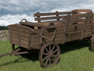 Wooden horse-drawn wagon Low-poly 3D model