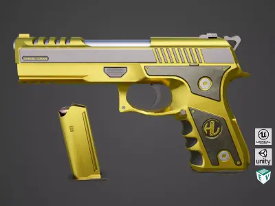Golden Pistol 02 All PBR Unity UE Textures Included Low-poly 3D model