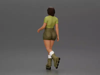 Woman in green outfit gliding smoothly on olive roller skates 3D print model