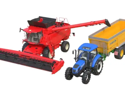 Combine Harvester Tractor Trailor Low-poly 3D model