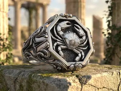 Horoscope Cancer Zodiac Sign Ring Antique Relief Signet 3D print model