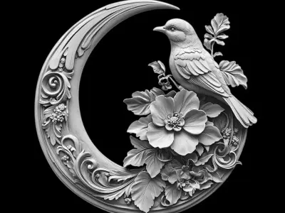 Celestial Harmony Bird and Moon with Floral Elegance 3D print model