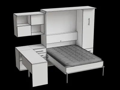 White Desk Dark Brown Cabinet Wall Bed 3D model