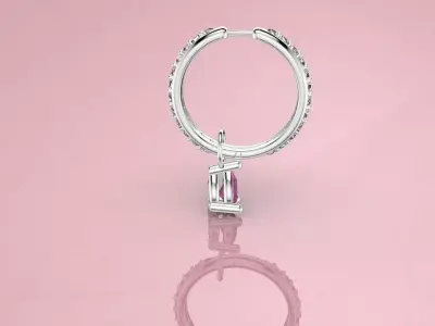 Diamond Hoop Earrings with pear pink drop 3D model