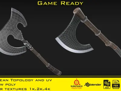 2 Axe with 3 Smart material - Game ready Low-poly 3D model