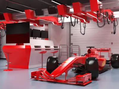 Race Car Garage and Formula One Car 3D model