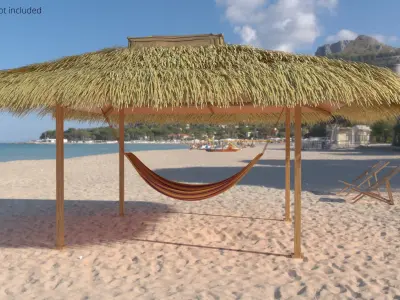 Hammock Canopy with Wooden Poles and Grass Roof Brown 3D model