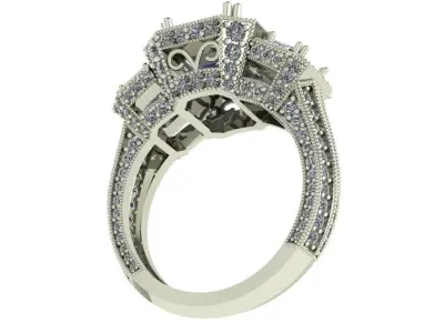 Emerald engagement ring 3 stone white gold 3D print model