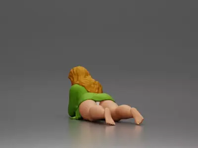 Girl with long hair in green dress lying with calm on the beach 3D print model