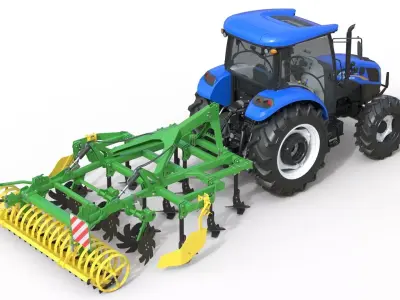 New Holland WorkMaster Tractor and Hybrid Field Cultivator  Low-poly 3D model