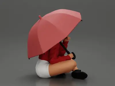 Pretty Girl with an Umbrella in Jacket and Shorts Sitting 3D print model
