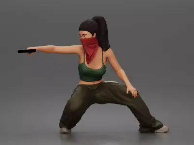 Masked woman crouches aiming pistol wearing crop pants sneakers 3D print model