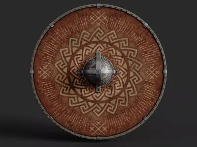 Slavic round leather shield-painted red with nordic symbol Low-poly 3D model