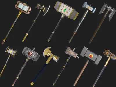 11 Battle Hammers Collection  All PBR Unity UE Textures Included 3D Model Pack