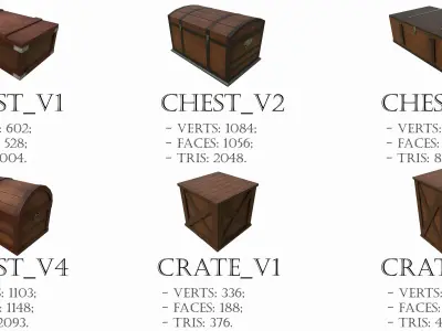Pack of 6 Medieval Wooden Chests and Crates Low-poly 3D model