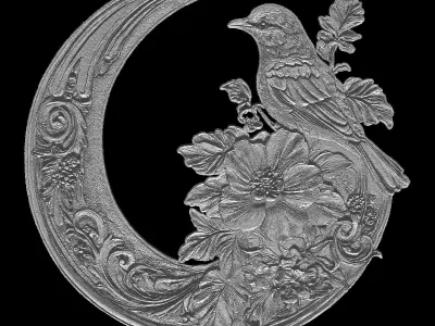 Celestial Harmony Bird and Moon with Floral Elegance 3D print model