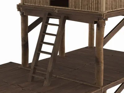 Two-Level Bamboo Hut with Thatched Roof 3D model