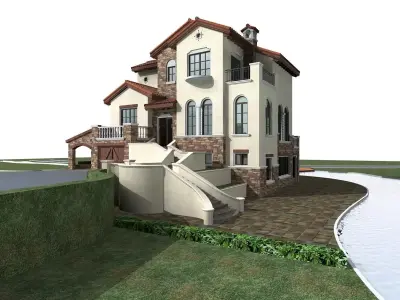 Villa house with stairs and water feature 3D model