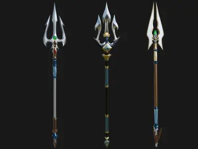3 Fantasy Tridents Collection All PBR Unity UE Textures Included 3D Model Pack