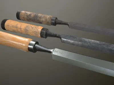 Chisel Low-poly 3D model three woodworking tools Low-poly 3D model