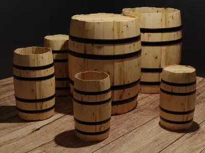 Multiple Wooden Barrels Low-poly 3D model