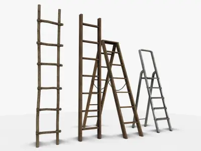 Ladder Collection four wooden ladders Low-poly 3D model