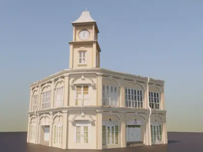 Phuket-Oldtown-1 building with clock tower Low-poly 3D model