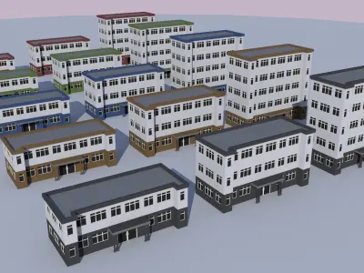 Cartoon Building Low Poly Building Commercial School Low-poly 3D model