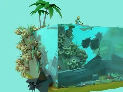 Lowpoly Submarine fish tank with boat and palm trees Low-poly 3D model