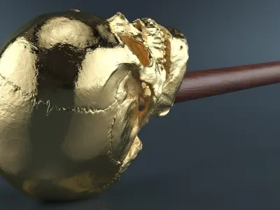 Skull Handle Cane Gold Wood 3D model