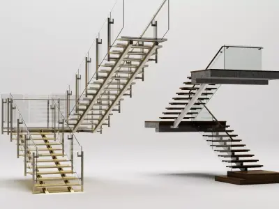 Modern Floating Stairs Glass Railing Architectural Pack PBR 3D model