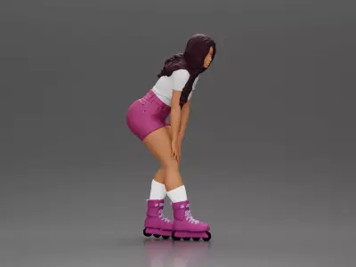 woman skating forward in pink shorts white top and purple skates 3D print model