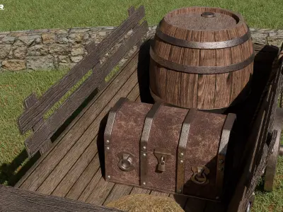 Wooden horse-drawn wagon Low-poly 3D model