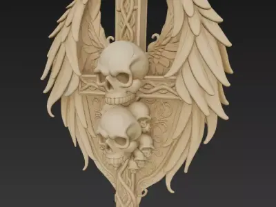 Gothic Winged Skull Shield 3D Fantasy Dark Sculpture 3D model