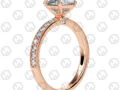 Ring 168 Princess Shape milgrain pave set ring with Gems 3D print model