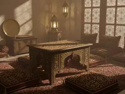 Arabic Wooden Carved Table - Oriental Inlaid Furniture 3D Model 3D model