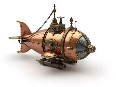 Steampunk Airship Submarine 3D Model Retro Futuristic Vehicle Low-poly 3D model