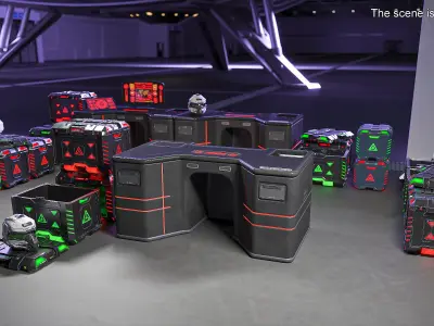 Futuristic Control Console with Helmet and Storage Container 3D model
